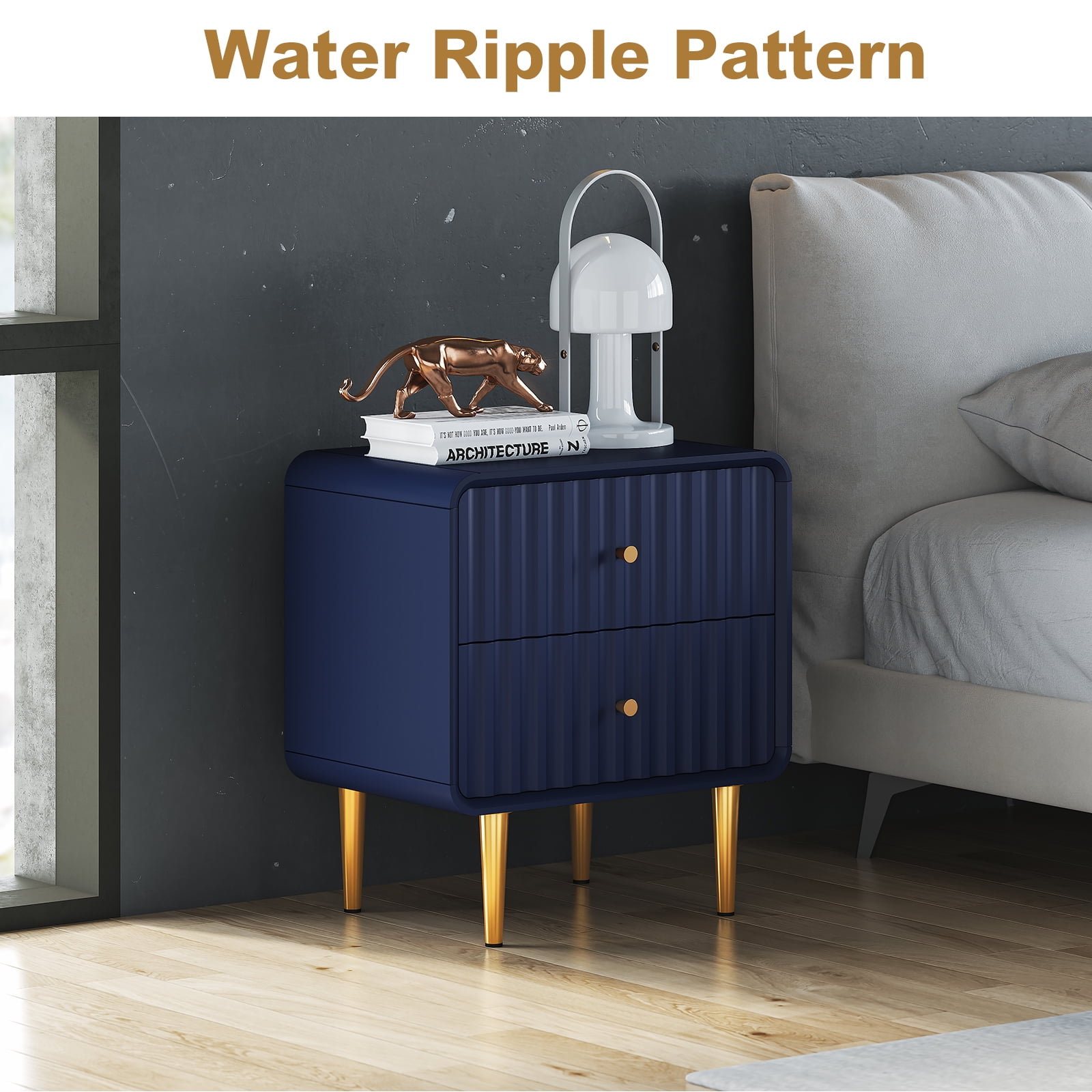 HLR Modern Fluted Wood Nightstand with 2 Drawers, Bedroom Blue Bed SideTable with Storage