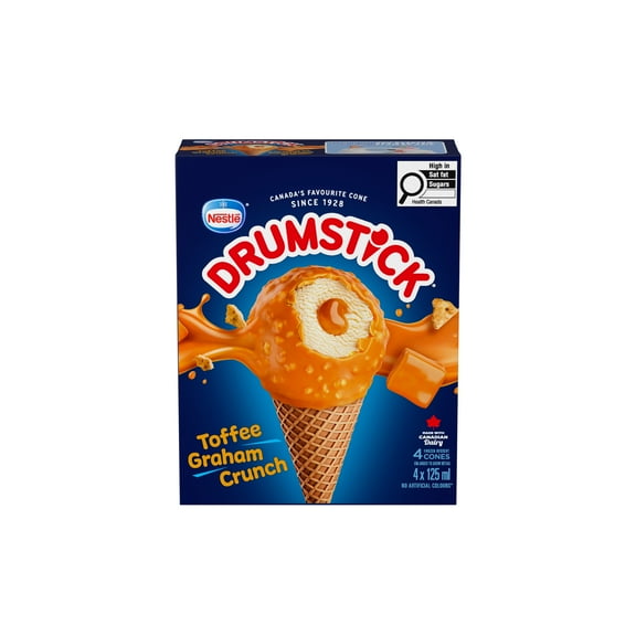 Drumstick Croquant Caramel Anglais Graham, Cornet en Gaufrette Croustillant, Dessert Glacé à la Vanille avec Centre au Caramel et Pépite Chocolatée Enrobée de Caramel Anglais et Trempée dans des Morceaux de Graham Croquants 4 x 125 ml
