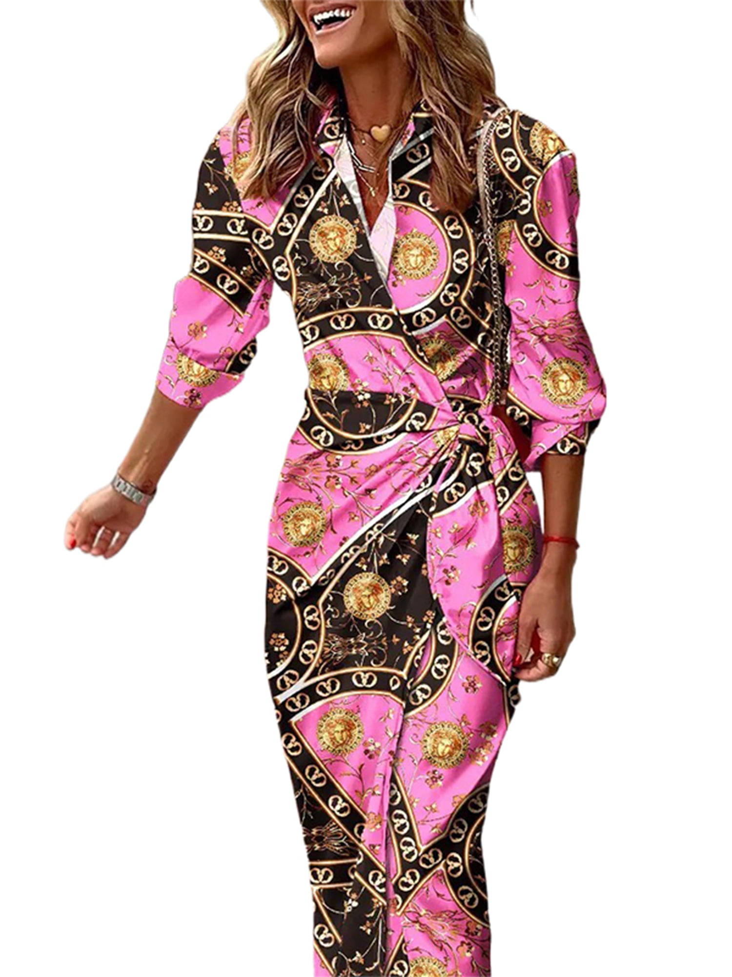 Sexy Dance Robes pour Femmes Imprimé Floral Été Plage Robe d'Été Géométrique Longue Robe Col en V Manche 12 Rose m