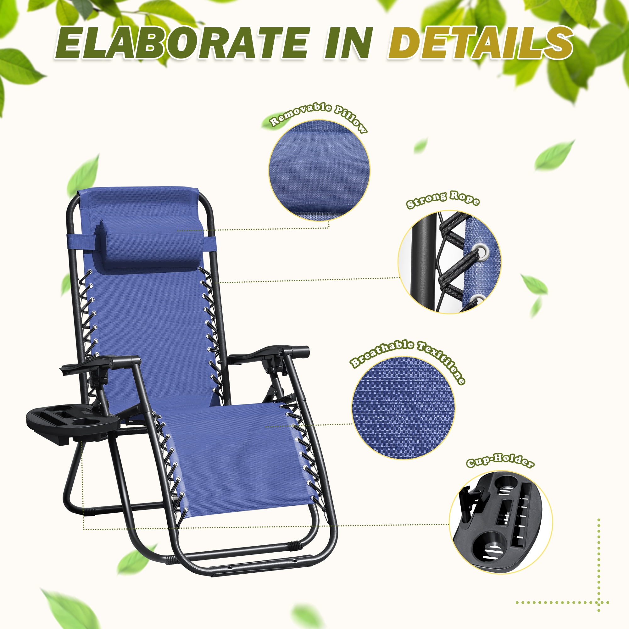 Devoko Adjustable Zero Gravity Chair with Pillow and Cup Holder - Set of 2 Blue