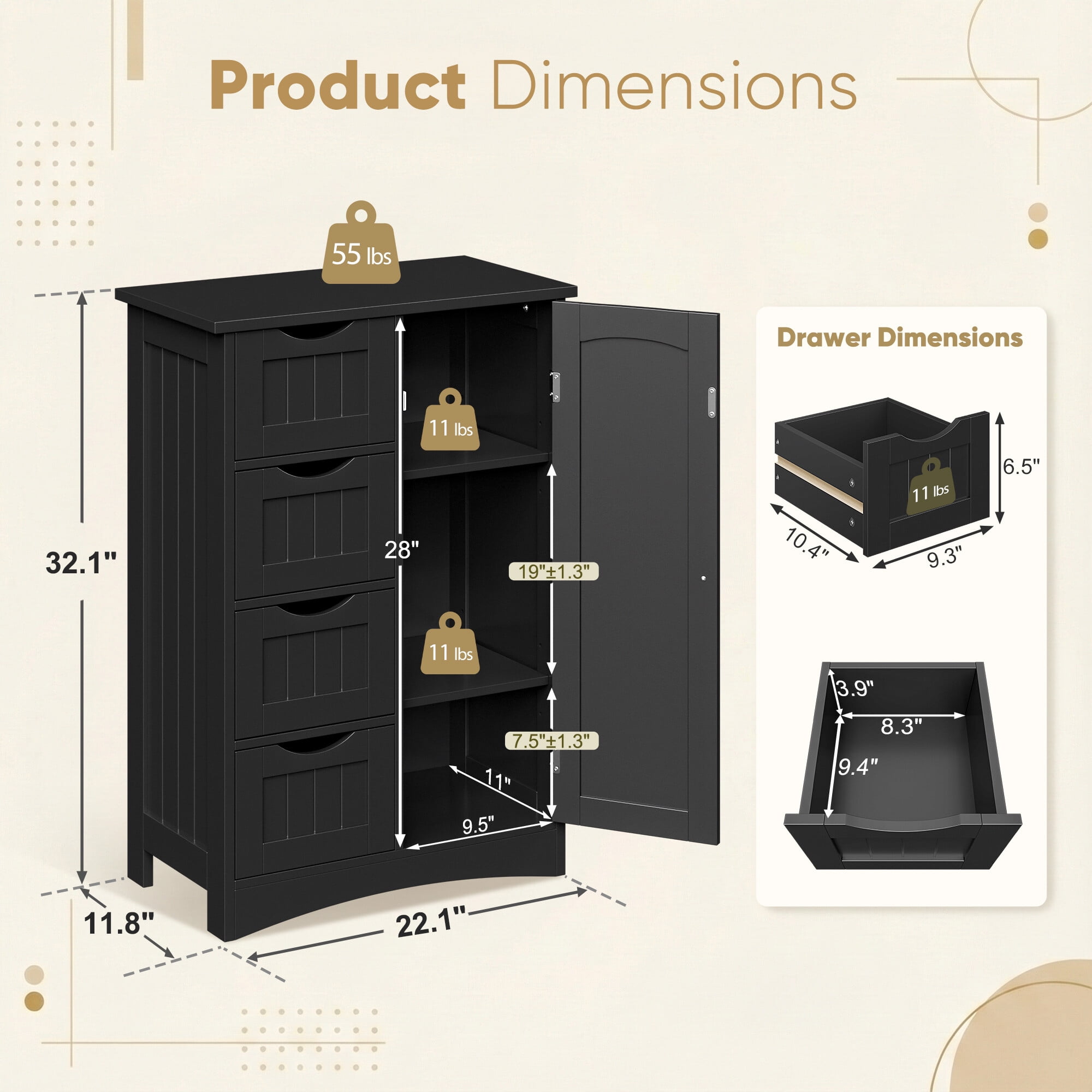 ZENY Bathroom Floor Cabinet, Freestanding Storage Cabinet with 4 Drawers and Adjustable Shelves, Modern Cupboard for Home Living Room Office, Black