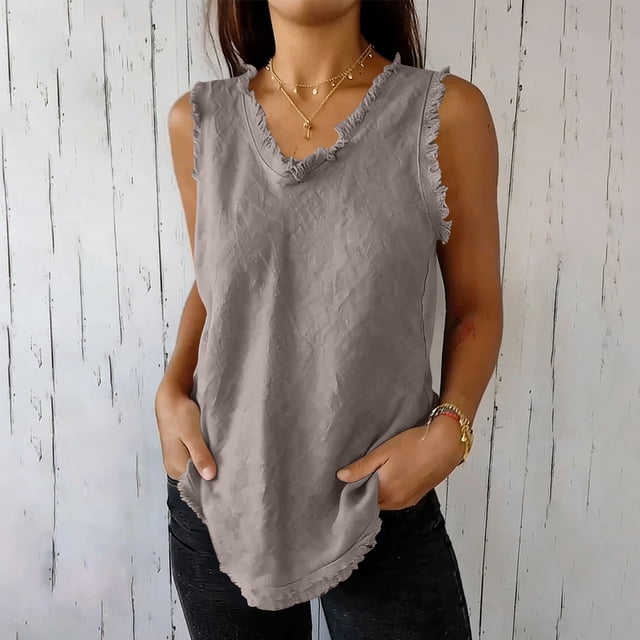 RKSTN Womens Tank Tops Cotton Linen Shirts Top Spring Summer Sleeveless Solid Color Crew Neck Ripped Edges Relaxed Daily Casual Wear Versatile Loose Fit Shirts