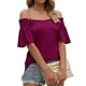 thumbnail image 2 of Camisa de manga corta para mujer, cuello en V plisado, manga con volantes, camisa con hombros descubiertos, Top para fiesta diaria de verano, color morado XL, 2 of 6