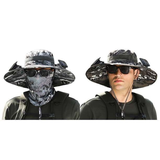 Sombrero de pescador vaquero con ventilador de carga solar/USB para jardín de playa (camuflaje) negro