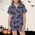 thumbnail image 2 of CAIVO Girls Halloween Star Bats Printed 2 Piece Pajama Sets Lapel Short Sleeve Button Down Shirt With Shorts Children Kids Homewear Loungewear, 2 of 5