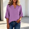 thumbnail image 6 of Annhoo Women's Linen Tunic Blouse Notched Split V Neck Wide 3/4 Sleeve Loose Breathable Summer Casual Top, 6 of 8