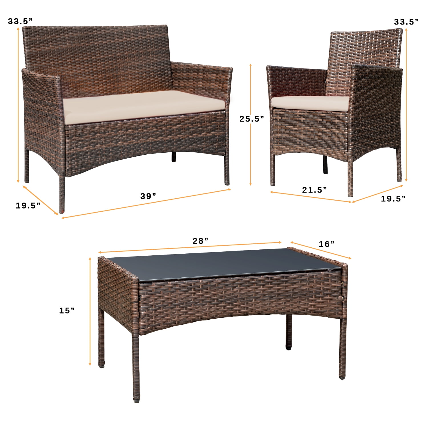 Vineego 4 Pieces Outdoor Patio Furniture Sets Conversation Sets Rattan Chair Wicker Sets with Cushioned Tempered Glass