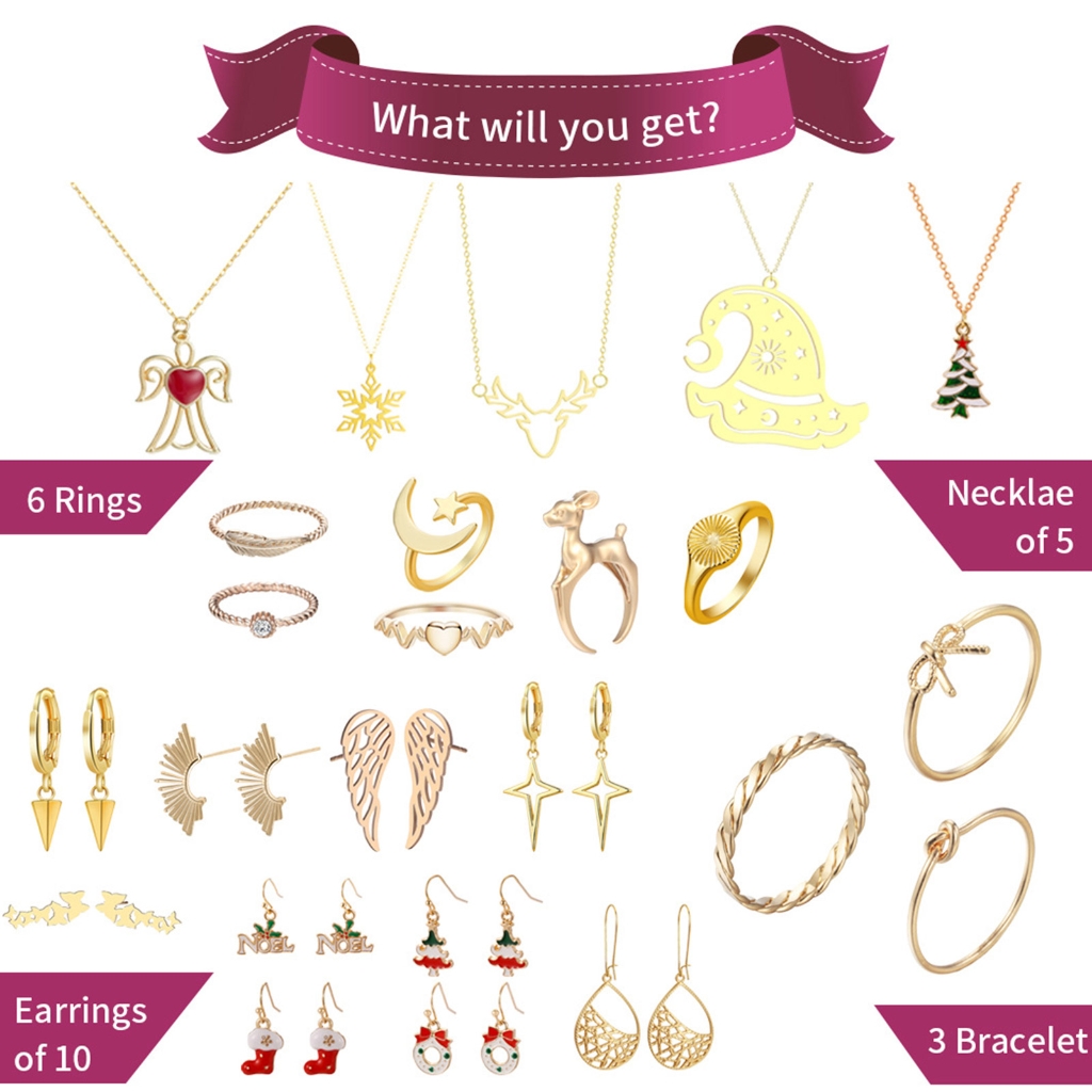 Calendrier De L'Avent 2025 Bijoux – 24 Jours – Collier & Bracelet Avec Brevloques – Cadeau Noël Fille