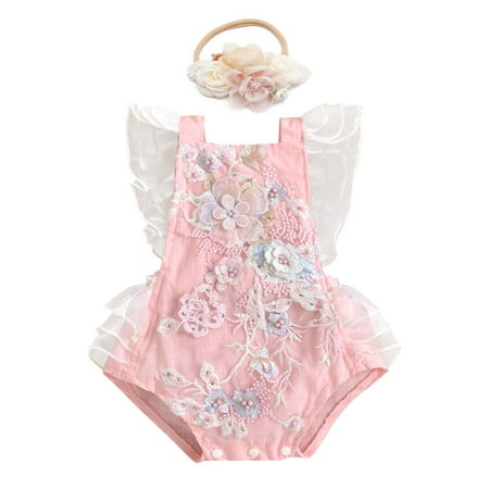 

Ibtom Castle Baby Girl 1st Birthday Outfit Boho Lace Tulle Romper Ruffle Backless Embroidered Bodysuit Cake Smash Photo Shoot Clothes 3-6 Months Pink