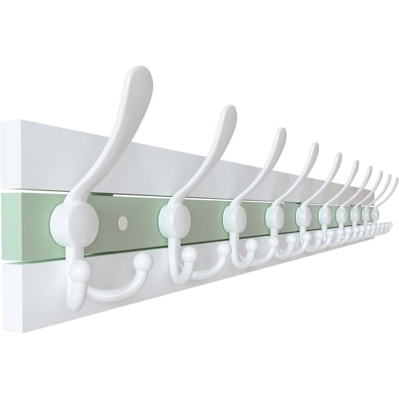 Coastal Wall Mount Wooden Coat Rack 38.125" with 10 Hooks, White & Green