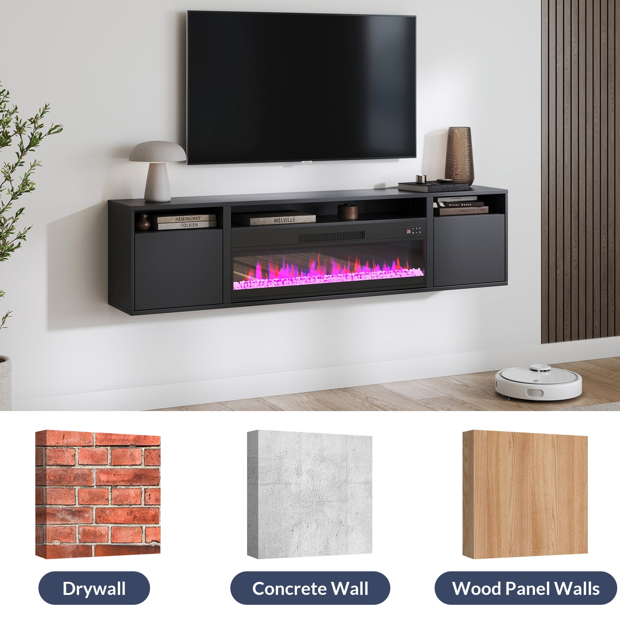 BELLEZE Floating Fireplace TV Stand Wall Mounted with 36" Electric Fireplace Heater, 70" LED Entertainment Center with Storage for TVs up to 75", Modern Media Console TV Shelf For Living Room (Black)