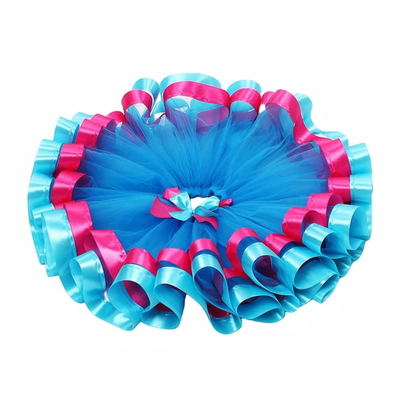 Girl's Double Mesh Tutu Skirt with Color-Blocked Ruffled Trim – Bright Sky Blue/Hot Pink Performance Tutu for 2-11 Years Old Carnival Events Birthday Parties Daily Dress-Up