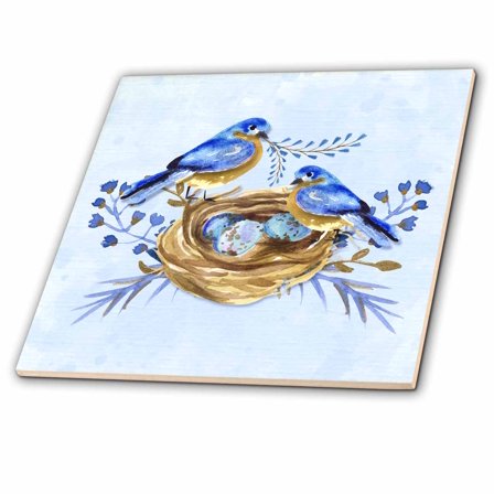 3dRose, Two Bluebirds with Nest and Eggs in Watercolor Hues of Blue and Brown, 4 Inch Ceramic Tile