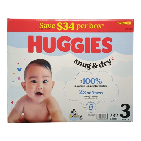 Huggies Snug & Dry Leakproof Baby Diapers, Size 3  (16-28 lbs), 232 Count