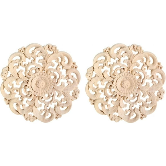 shiyou-Round Wood Appliques Onlays, 2-Pack Unpainted Wooden Carved Flower Carvings Decals for Wall Cupboard Mirror Mantel Door Bed Cabinet Ceiling Dresser Furniture Refurbish Project, 20cm/7.87"