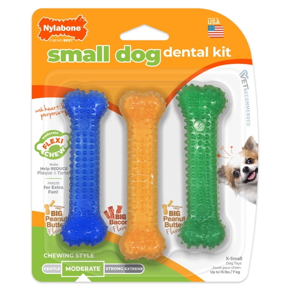Nylabone Flexi Chew Gumabone Textured Bone Chew Toy Dental Kit Bacon & Peanut Butter X-Small (3 Count)