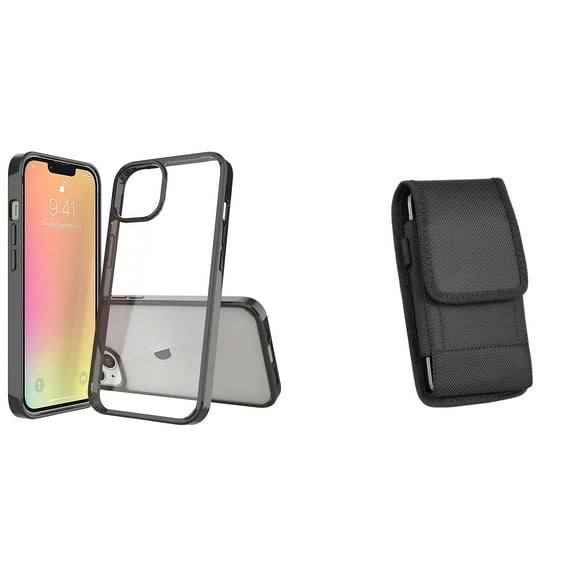 Bemz Case and Pouch Bundle for iPhone 14: Fusion Protector Slim Case (Black/Clear) and Vertical Nylon Belt Holster