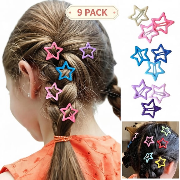 Qocolcyl Colorful Dopamine Star Hair Clips 9 Pack, Hollow Pentagram Metal Snap Barrettes Non Slip Small Side Bang Hair Pins, Cute Decorative Hair Accessories for Woman Daily Birthday Party