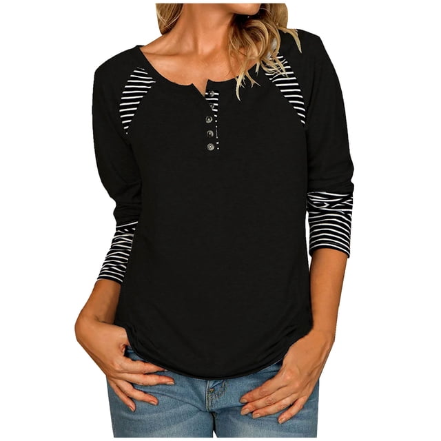 CEHVOM Blouse d'Été à Manches Longues et Col Rond à Rayures pour Femmes