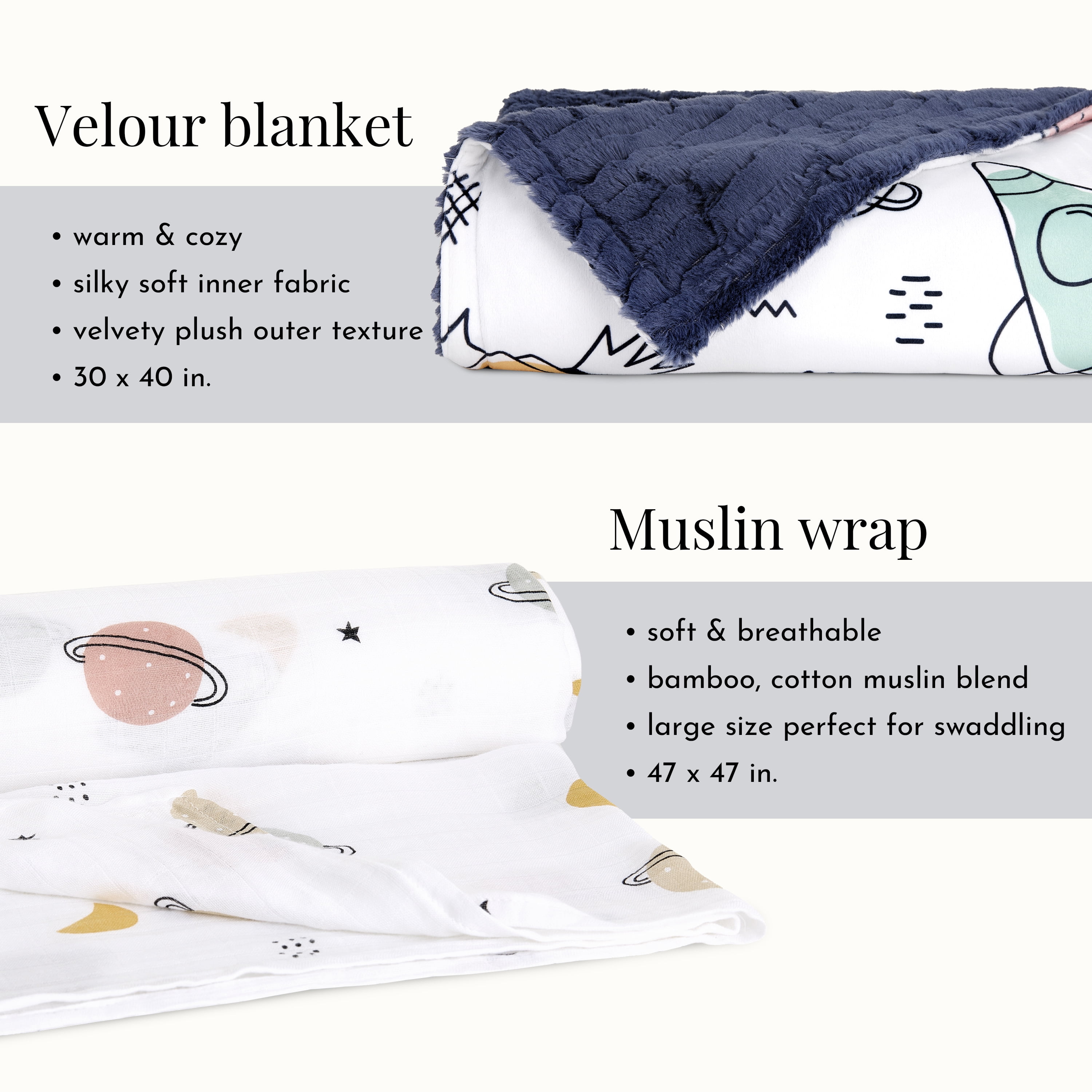Evolur AstroNap 3 pc Gift Set - Sherpa Sack Wrap, Muslin Wrap & Velour Blanket, Space Print