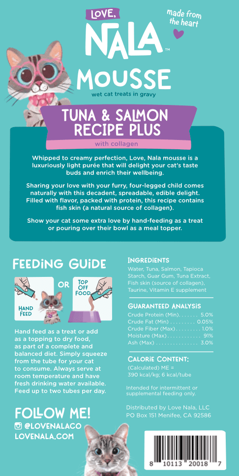 LOVE, NALA - Skin & Coat Health - Tuna & Salmon Plus Collagen Mousse - Lickable Cat Squeeze Up Wet Food Puree Treat, Topper - Grain Free, Fiber, Minerals, Vitamins - 24 Pack 15.2 oz.