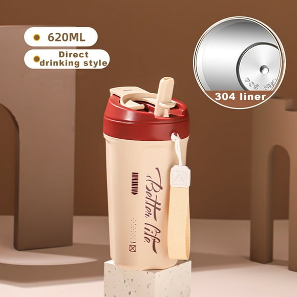 Stainless Steel Insulated Straw Tumbler with Carrying Rope | Double Layer Hot & Cold Coffee Cup | Measurement Markings | 18.5 x 8.7 cm | Red/Beige | Durable Travel Mug