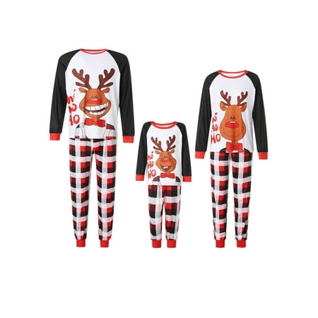 

EYIIYE Matching Family Christmas Pajamas Set Women Men Deer Print Tops Plaid Pants Sleepwear Long Sleeve Pjs