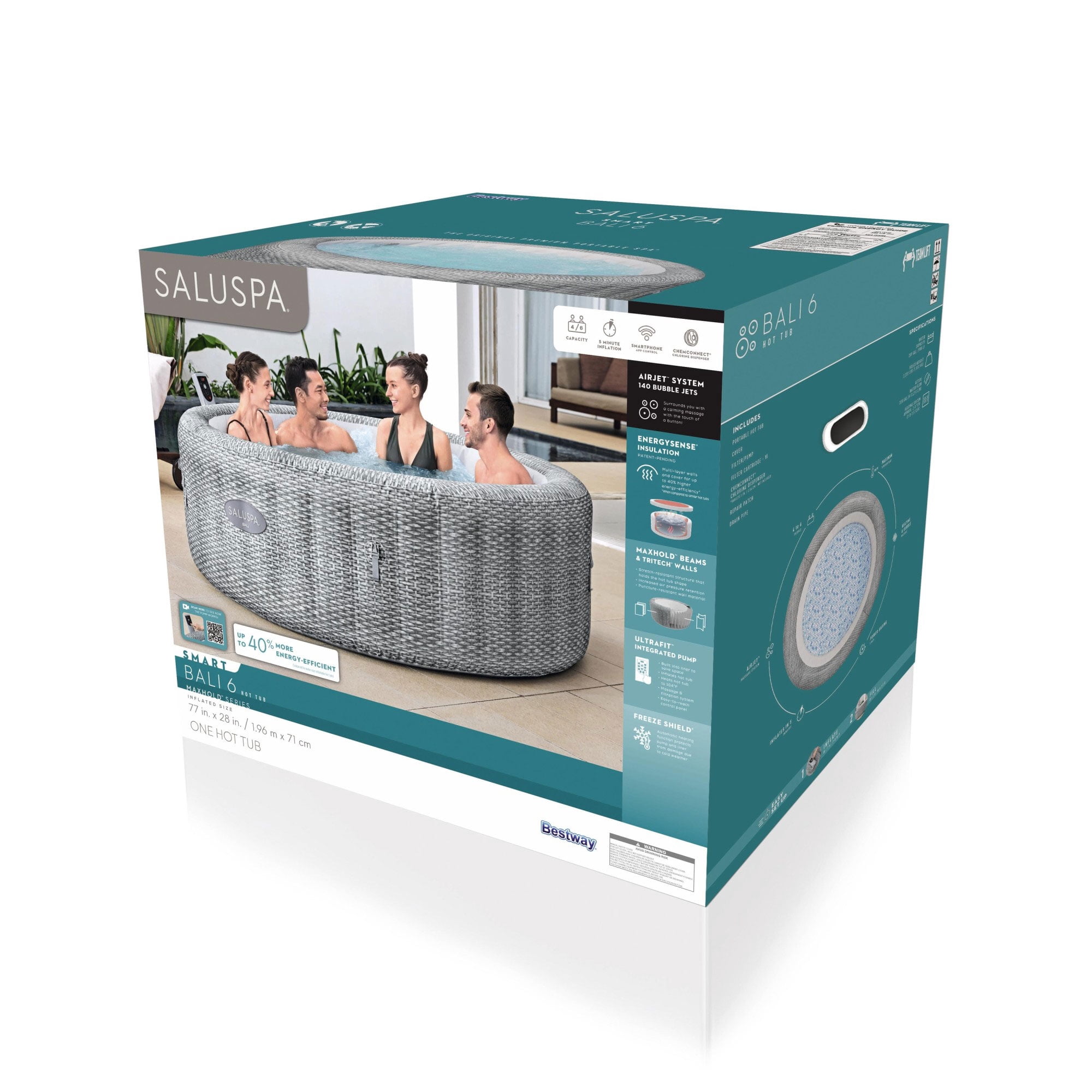 Bestway SaluSpa Bali 4-6 Person Inflatable Hot Tub, Round Energy-Efficient Spa, 77"x28"