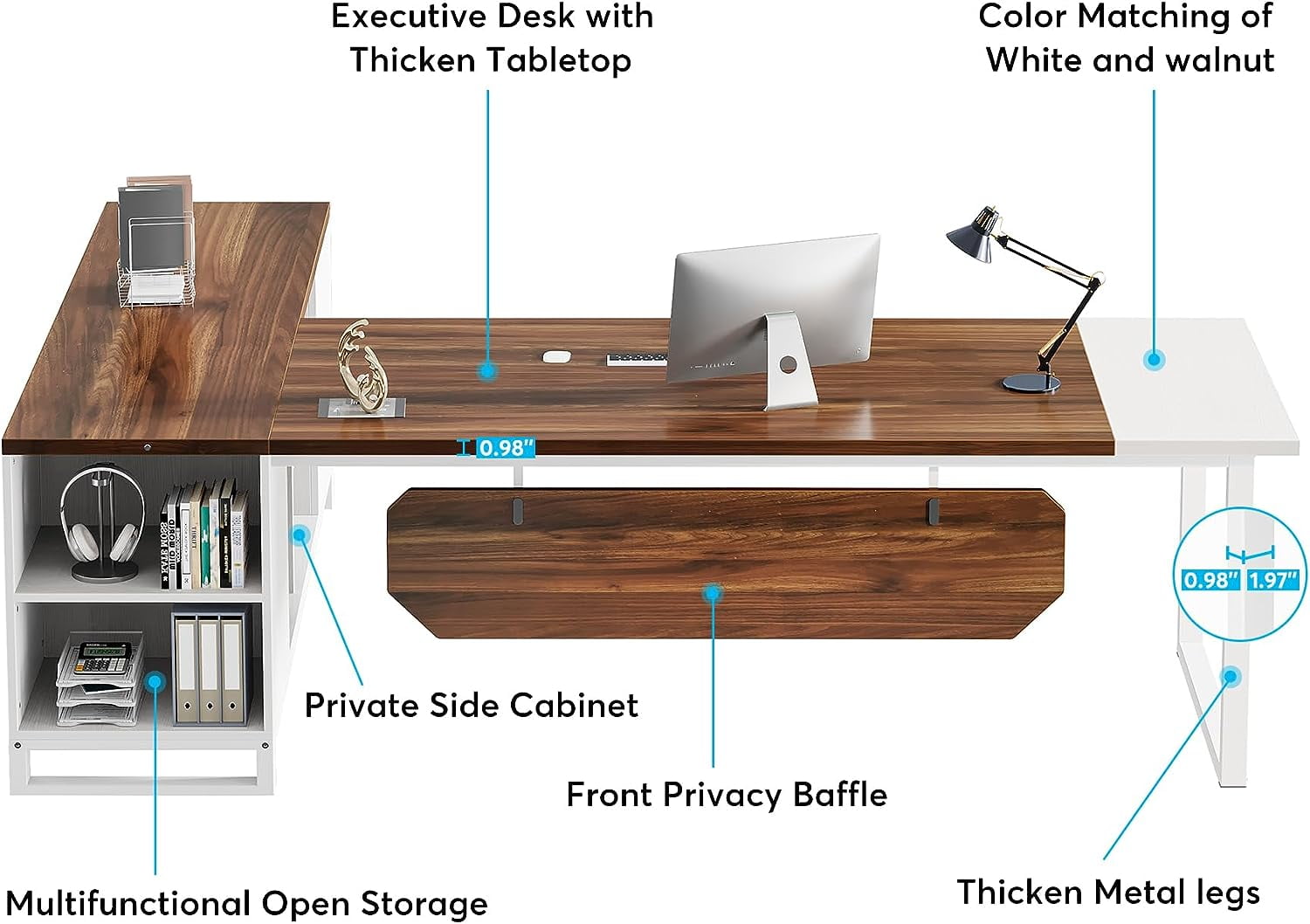 Tribesigns 70.8" L-Shaped Executive Desk with 55" File Cabinet, Large Home Office Computer Desk with Storage Shelves and Cabinet, Modern Business Furniture Set Home Office Workstation, Walnut White