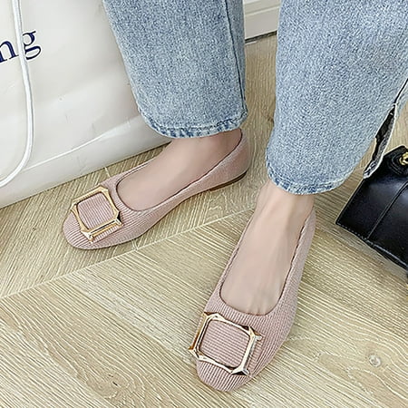 

〖Yilirongyumm〗 Pink 37 Sandals Women Square Buckle Flat Shoes Slip On Shallow Mouth Simple Single Shoes Casual Shoes Work Shoes