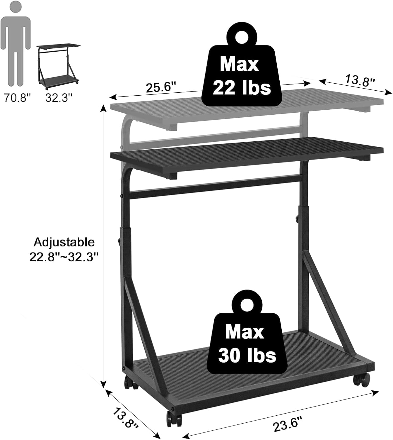 Computer Tower Stand, 2-Tier CPU Stand with Lockable Wheels, Adjustable Height PC Stand for Floor, Mobile PC Laptop Standing Table for Home Office (Black)