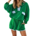 thumbnail image 2 of Short Sets for Women Loose Fit Long Sleeve Color Block Stand Collar Shirt and Shorts 2 Piece Matching Set Streetwear, 2 of 6