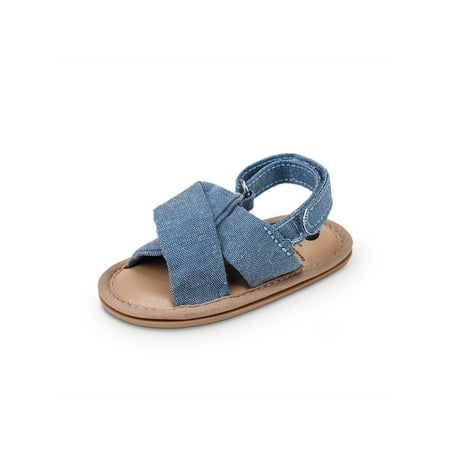 

Rotosw Newborn Flat Sandal Rubber Soft Sole Shoes Summer Sandals Cute First Walker Dress Flats Indoor&Outdoor Strappy Crib Shoe Denim Blue 12-18 months