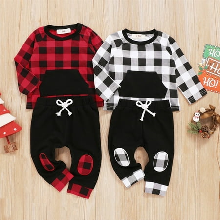 

Newborn Toddler Baby Boy Girl Plaid Long Sleeve Top T-shirt Pants Autumn Outfit 2PCS Clothes Set 0-3 Years