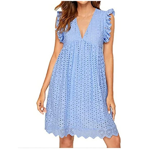 Women Summer Lace Eyelet Rompers Sexy Deep V Neck Cap Sleeve Ruffle Hem  Pleated Jumpsuit Solid Lined Shorts Mini Dress Eyelet Dresses for Women -  Walmart.com