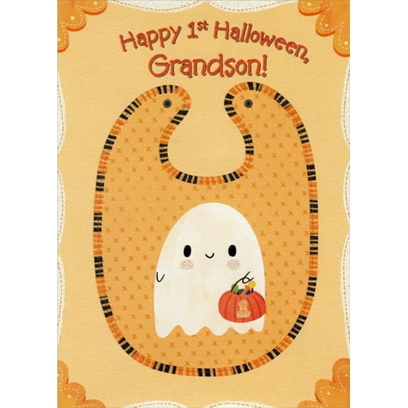 Designer Greetings Ghost with Candy Bucket on Orange Bib Juvenile 1st / First Halloween Card for Grandson