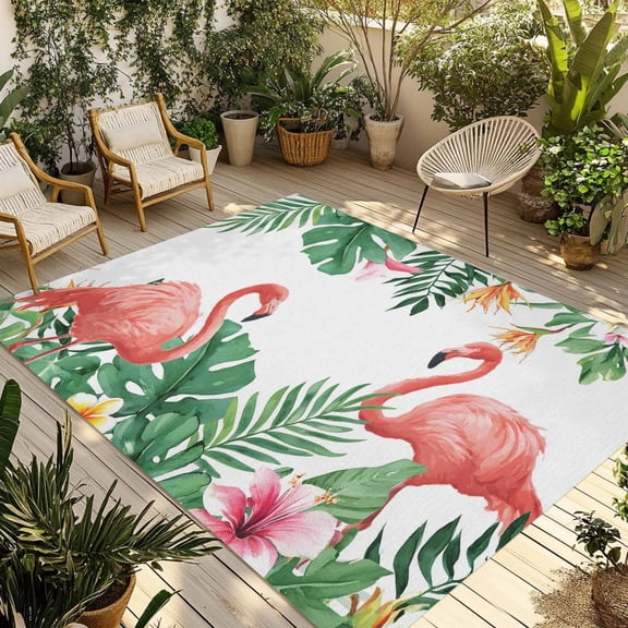Pink Flamingo Birds Outdoor Rug for Patio/Deck/Porch, Non-Slip Large Area Rug 5 x 7 Ft, Summer Tropical Plants Flowers Indoor Outdoor Rugs Washable Area Rugs, Reversible Camping Rug Carpet Runner