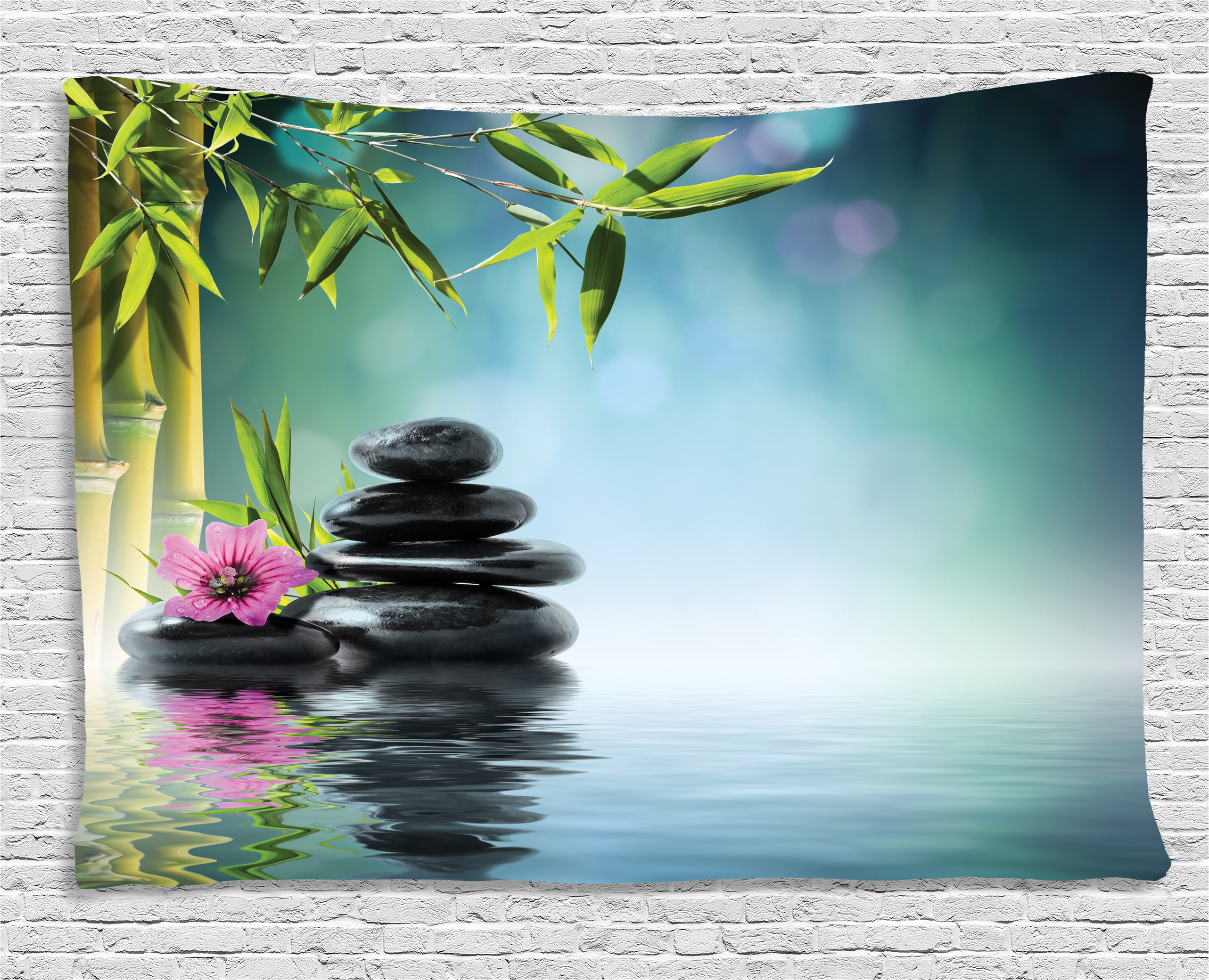 Zen Garden Tapestry, Pink Flower Spa Stones and Bamboo Tree on the