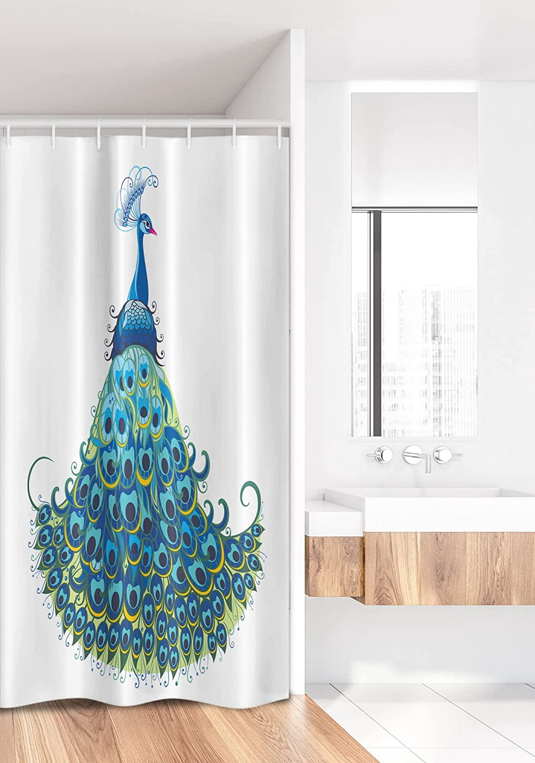 Peacock Stall Shower Curtain, Peacock Illustration Floral Classical Curvy Design Tropics Wildlife Theme, Fabric Bathroom Decor Set with Hooks, 36" W x 72" L, Blue Yellow