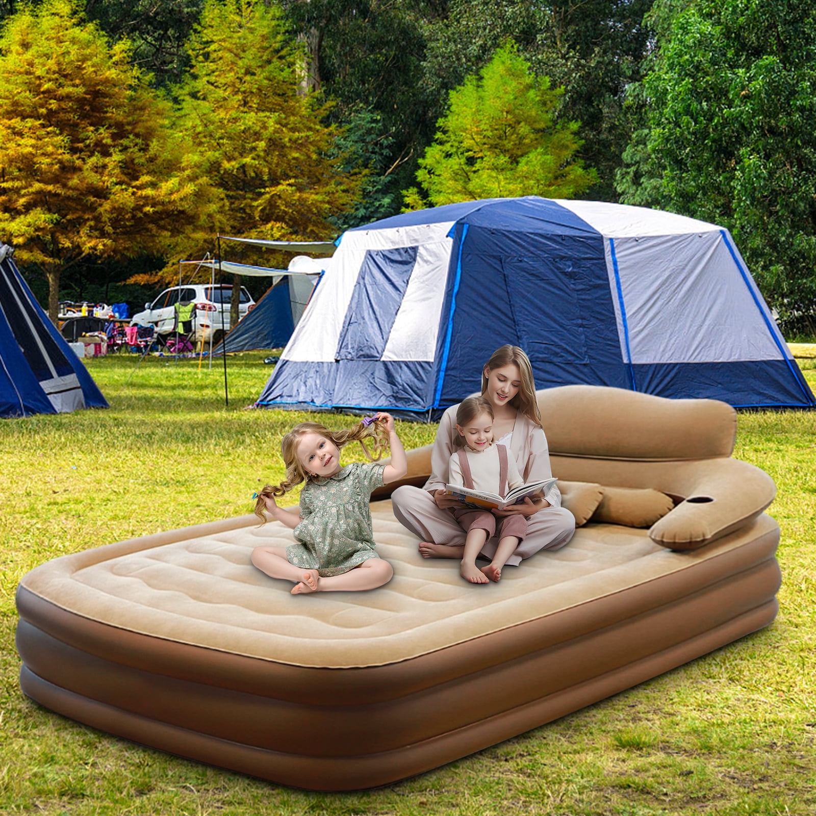 Beuway 19in Queen Air Mattress, Inflatable Airbed with Pump for Guest Home Camping Travel, 661lb Max,Coffee
