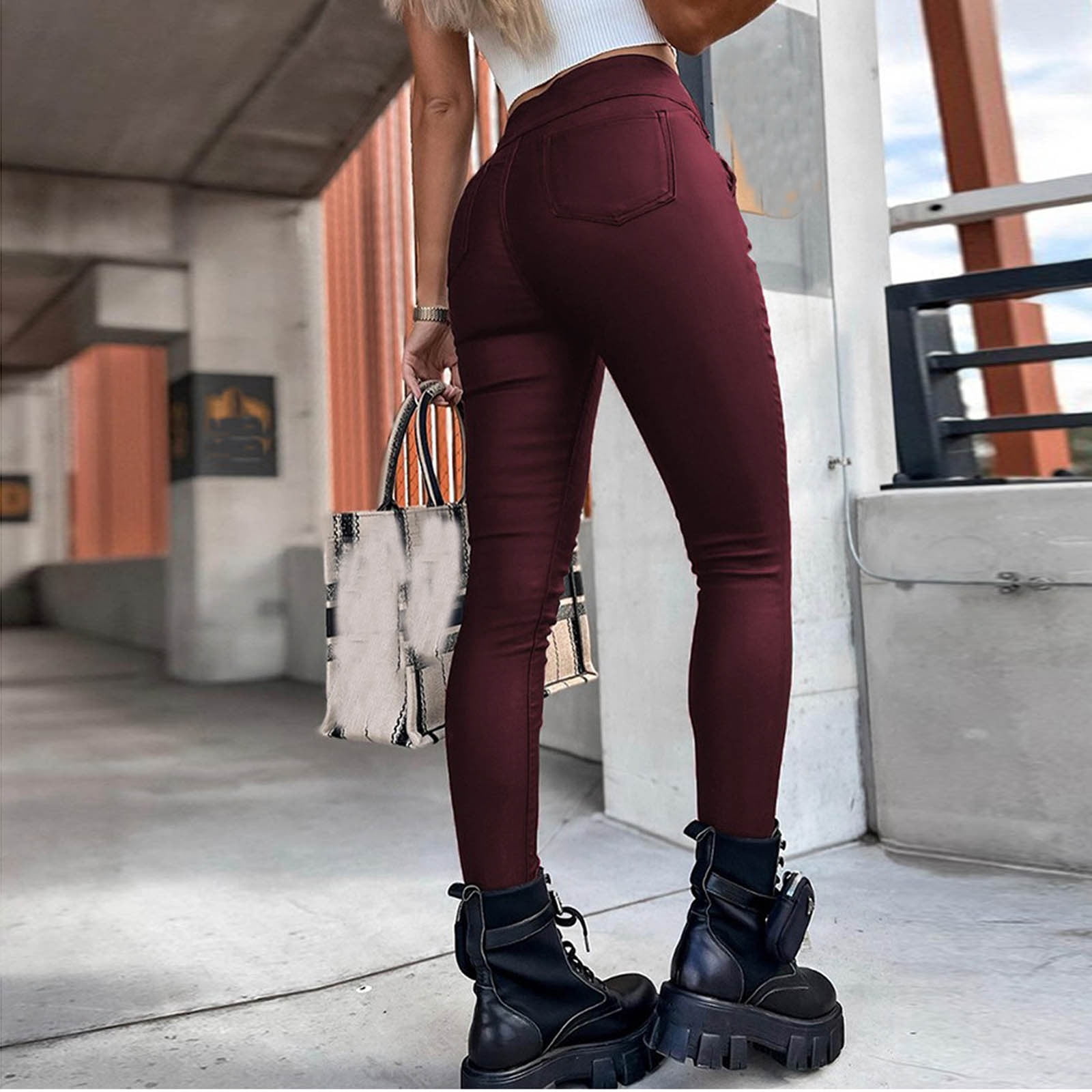 YueHuiYing Women's High-Waisted Solid-Color PU Leather Slim-Fit Butt-Lifting Long Pants
