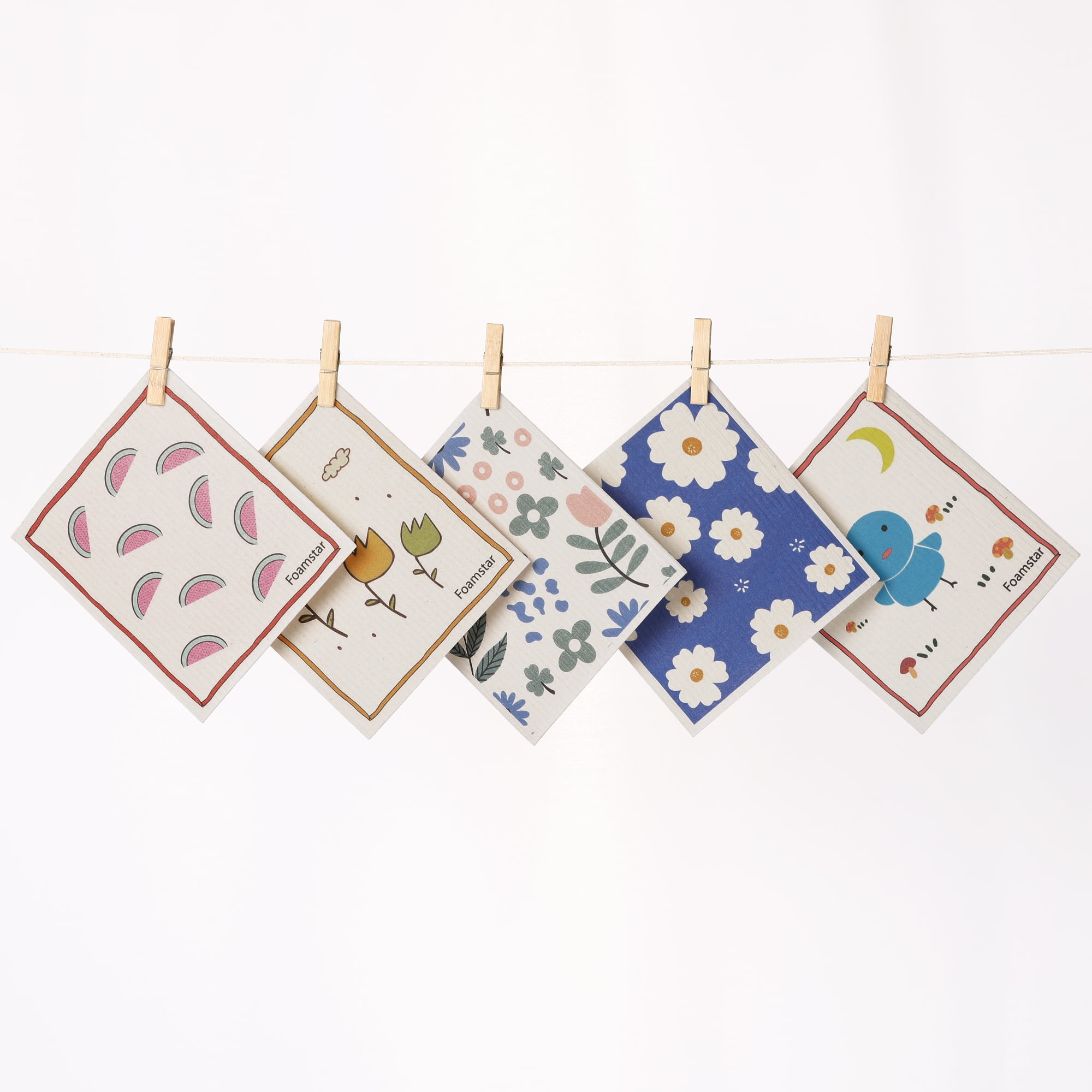 Unique Bargains 5 Pcs Reusable Swedish Wildflowers Kitchen Dish Towels Flower-1