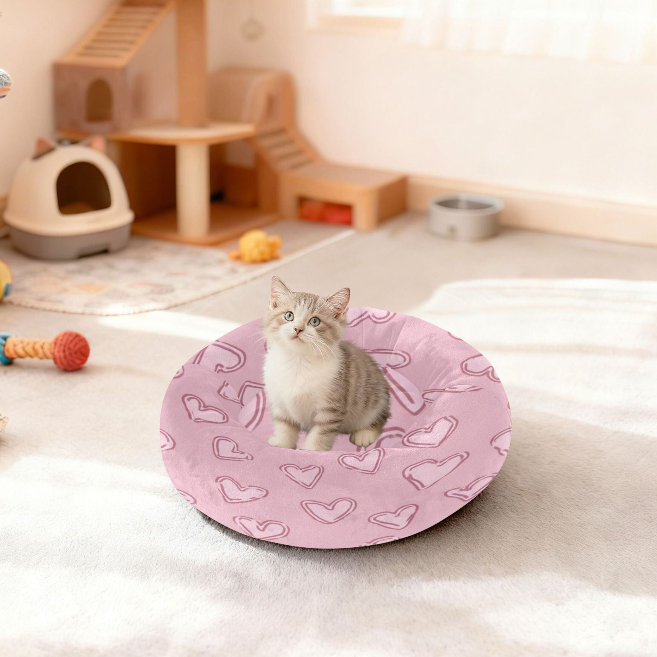 Iauyy Pet Couch Donut Cat Bed for Indoor Cats/Small Dogs Washable & Machine with Non-slip Bottom Calming Cat Furniture, Heart-shaped Lines (M)