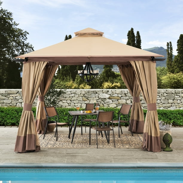 Sunjoy Veronika 12 ft. x 12 ft. Tan and Brown Steel Gazebo with 2-tier ...