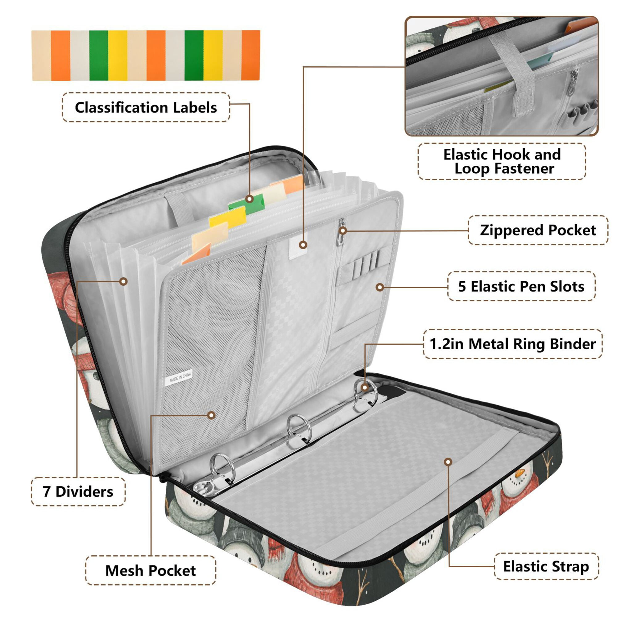 FORMRS Accordion File Folder A4 Size 7-Pocket Expanding Document Organizer Bag with 3 Ring Binder, Snowman Family