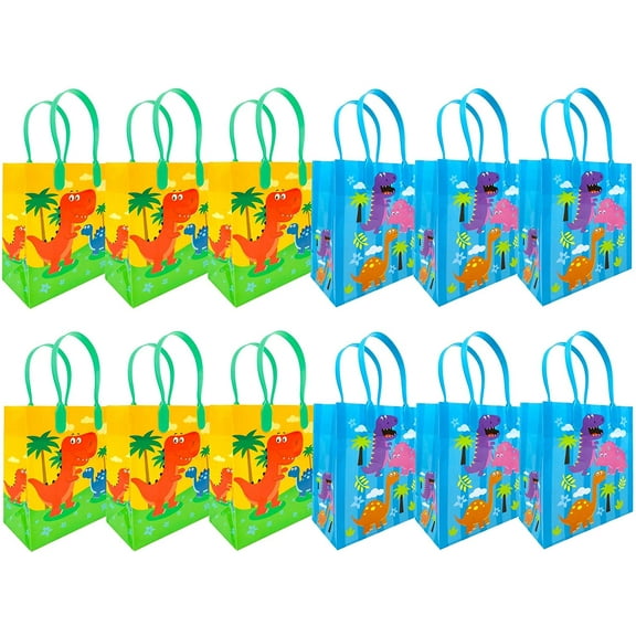 TINYMILLS Dinosaur Party Favor Treat Bags Goody Bags with Handles for Birthdays Party Favors Party Pack of 12
