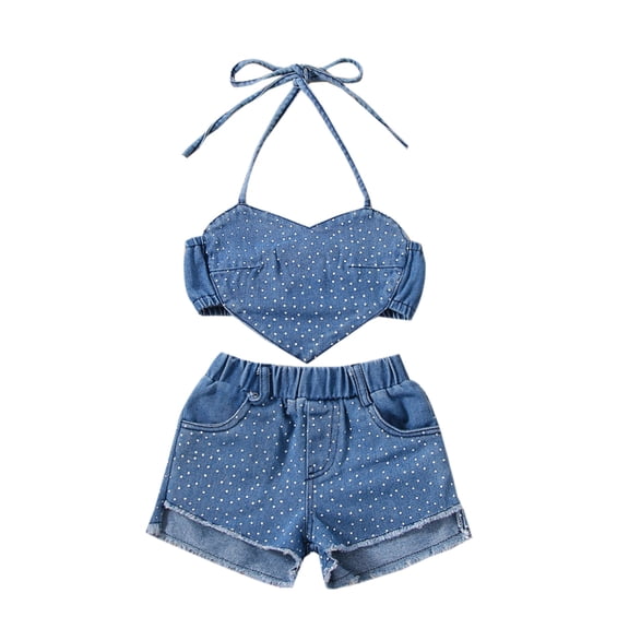 Bagilaanoe 2pcs Toddler Baby Girl Short Pants Set Heart Sleeveless Camisole Tops   Ripped Jeans Shorts 1T 2T 3T 4T 5T 6T Kids Casual Summer Denim Outfits