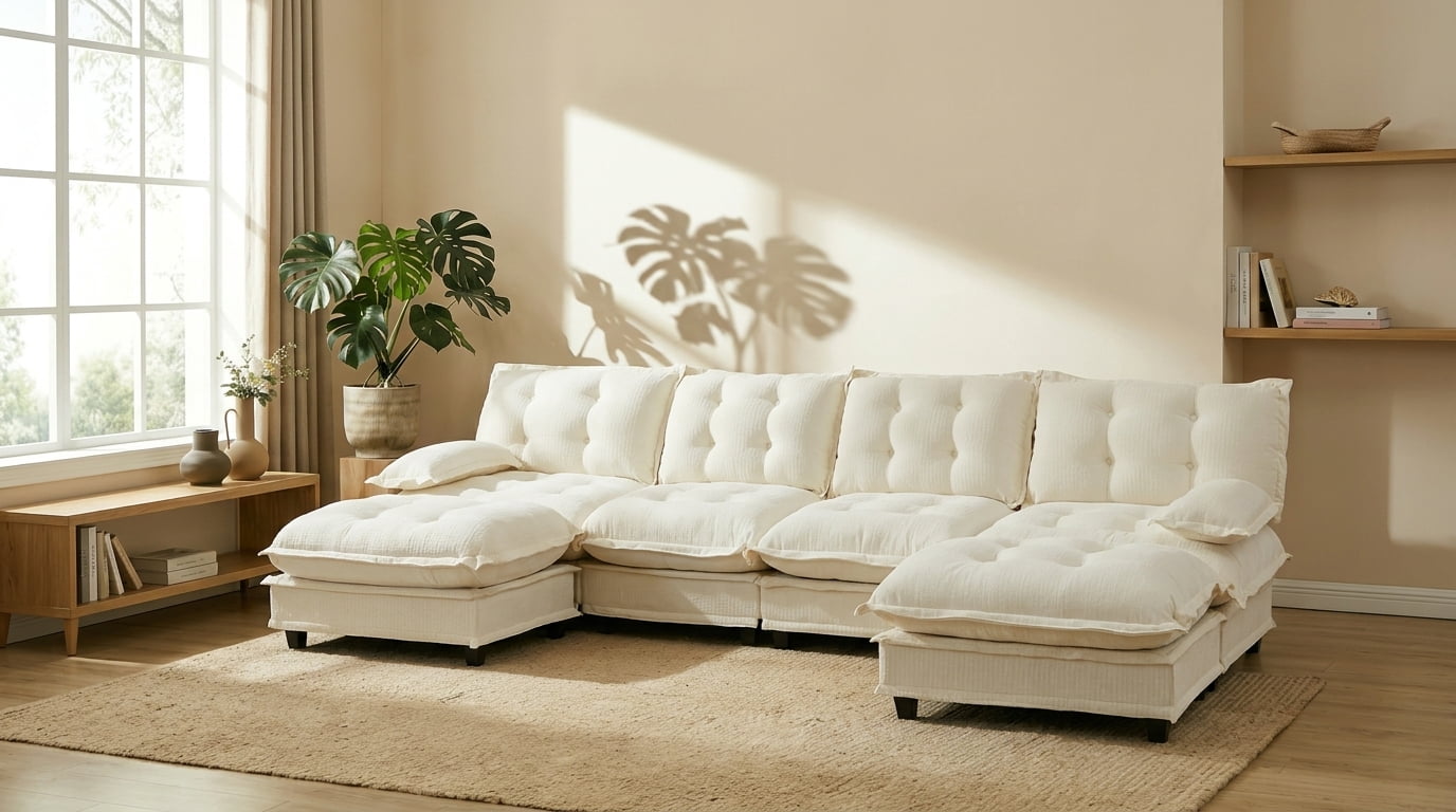 AISWORD 138" U-Shaped Modular Sectional Cloud Sofa with 2 Ottomans, Chenille Fabric Deep Seat Couch with Lattice Decored Cushions