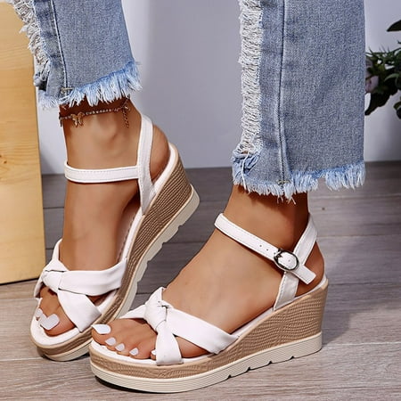 

SBYOJLPB Women s Open Toe Buckle Strap Platform Wedge Sandals Clearance Beige 6.5(38)