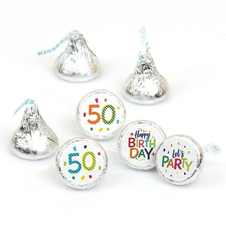 50th Birthday - Cheerful Happy Birthday - Colorful Fiftieth Birthday Party Round Candy Sticker Favors - Labels Fit Hershey's Kisses (1 Sheet of